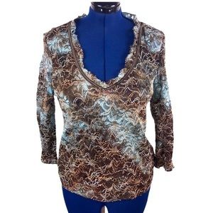 Tribal XL blue brown v neck 3/4‎ length sleeve stretch lace layered top